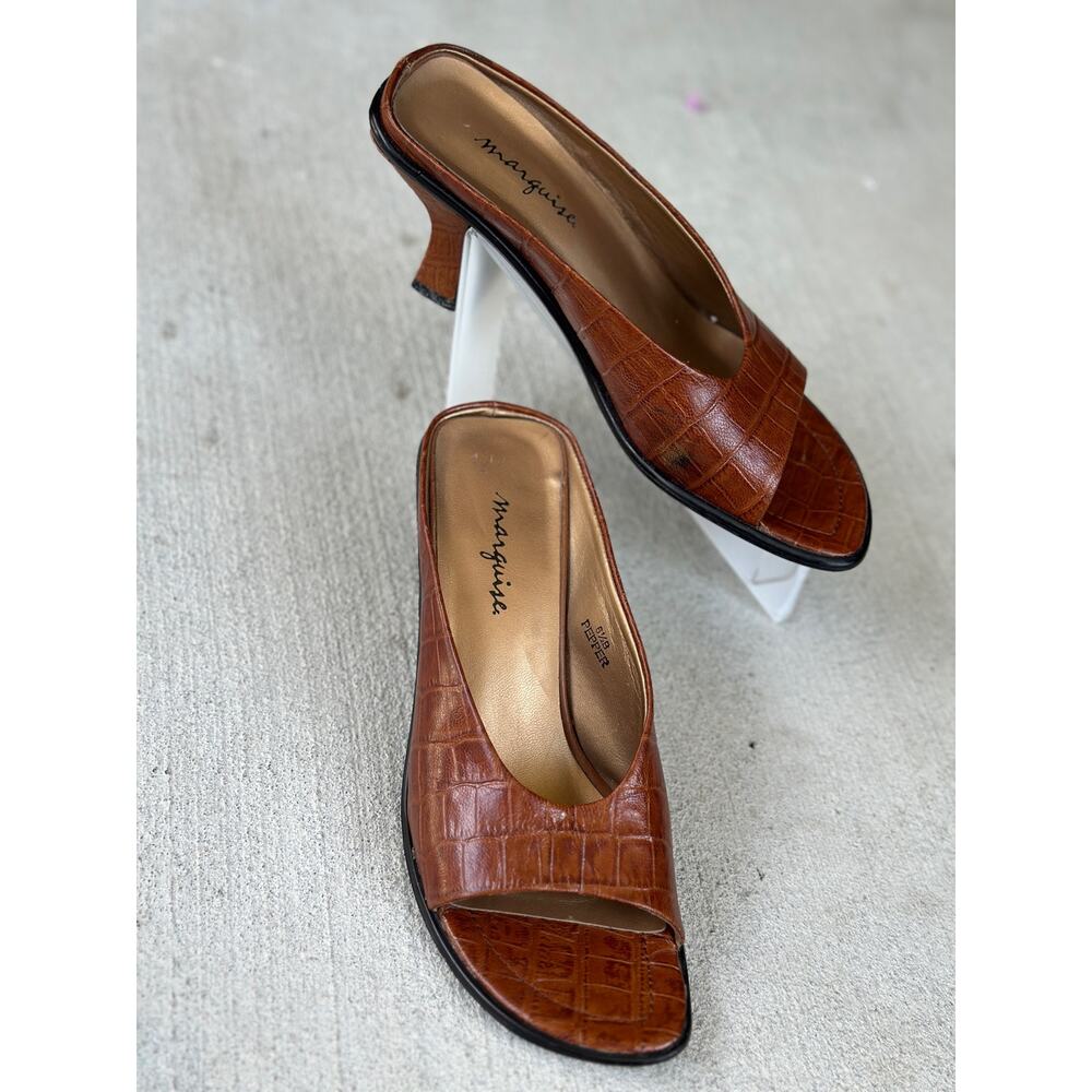 Marquise Women’s 6.5 Pepper Tan Brown Leather Embossed Skin Print Heeled Mules